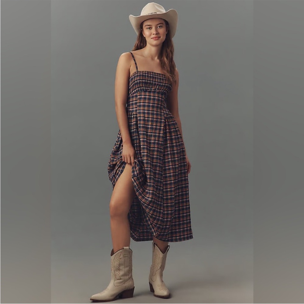 Pilcro Navy and Red Plaid Midi Dress
